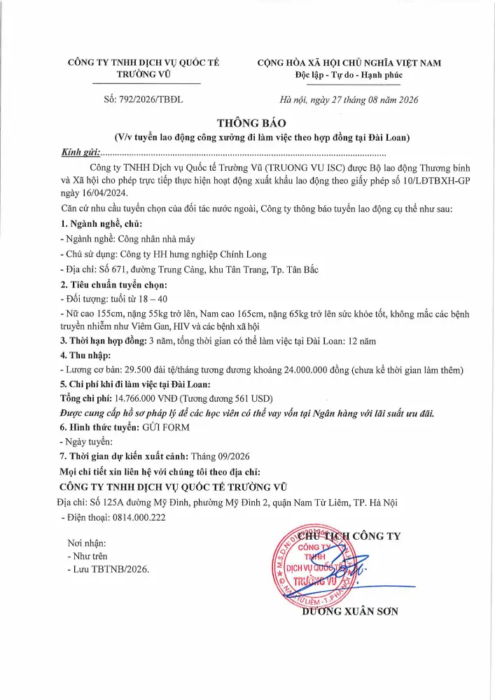Thông báo tuyển lao động đi làm việc tại thị trường nước ngoài tháng 8 năm 2026