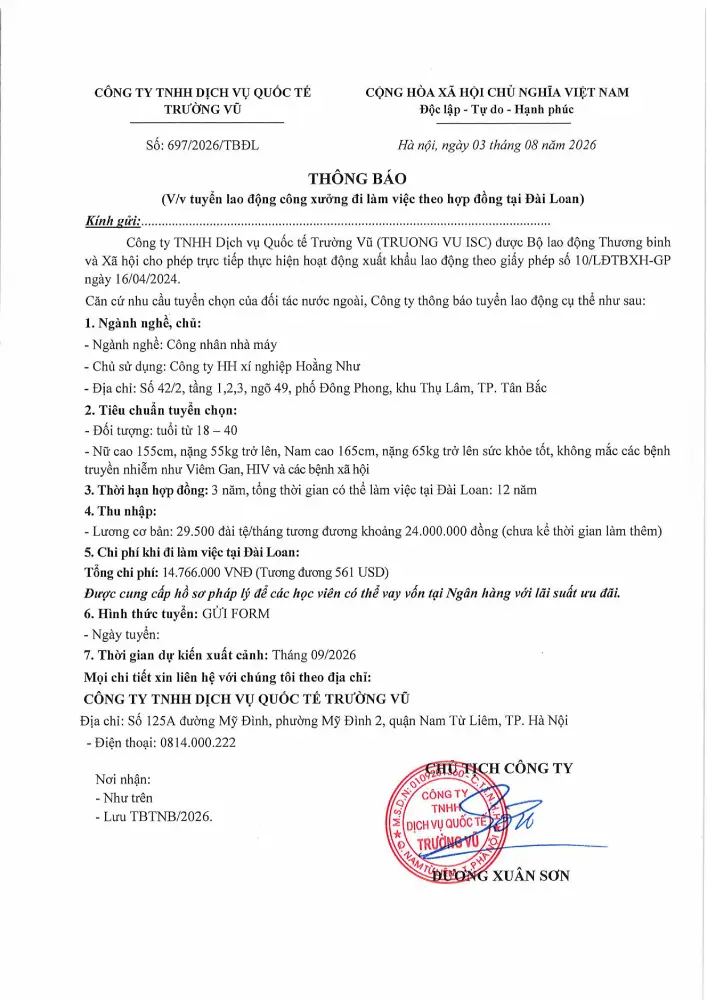 Thông báo tuyển lao động đi làm việc tại thị trường nước ngoài tháng 8 năm 2026