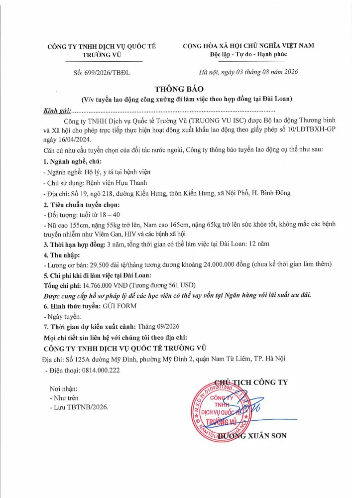 Thông báo tuyển lao động đi làm việc tại thị trường nước ngoài tháng 8 năm 2026
