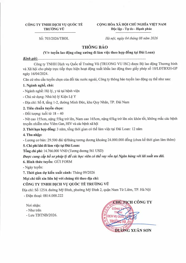 Thông báo tuyển lao động đi làm việc tại thị trường nước ngoài tháng 8 năm 2026