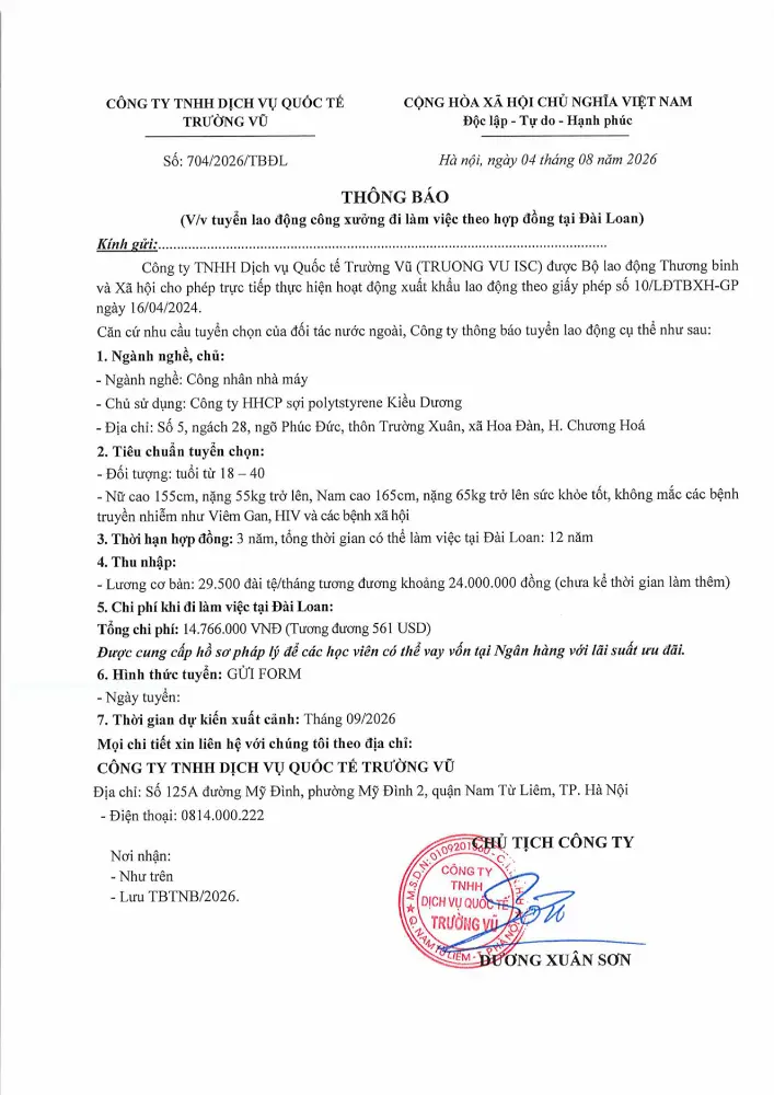 Thông báo tuyển lao động đi làm việc tại thị trường nước ngoài tháng 8 năm 2026