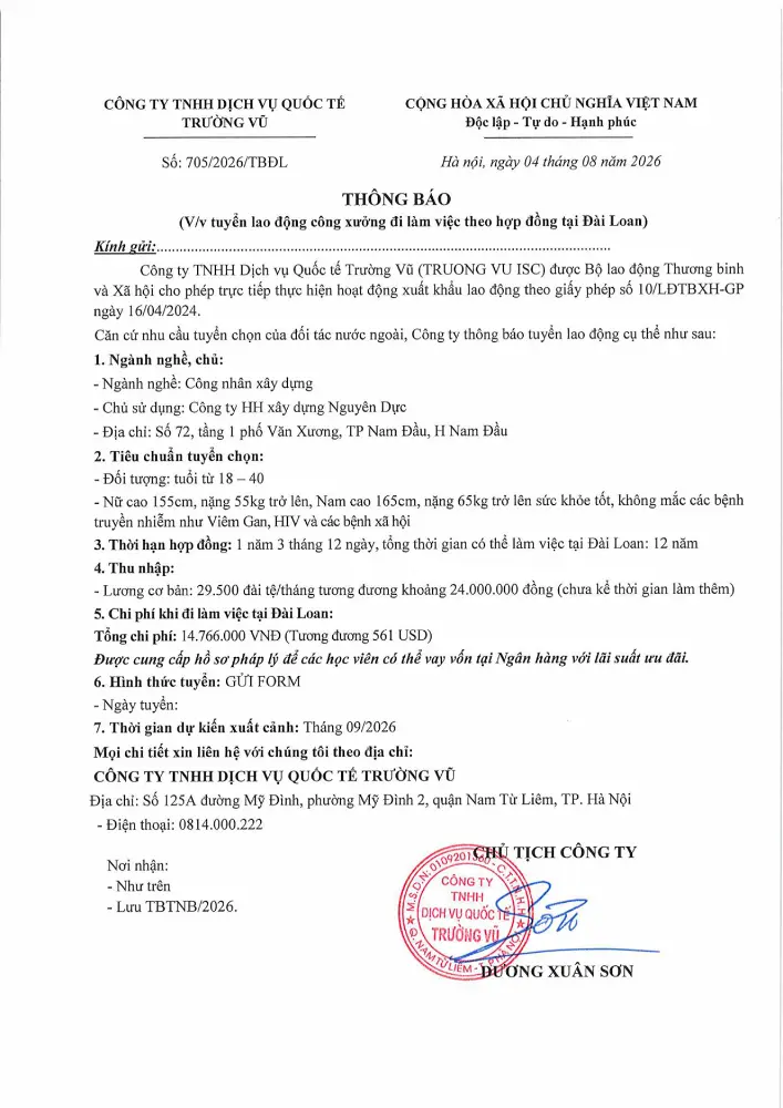 Thông báo tuyển lao động đi làm việc tại thị trường nước ngoài tháng 8 năm 2026