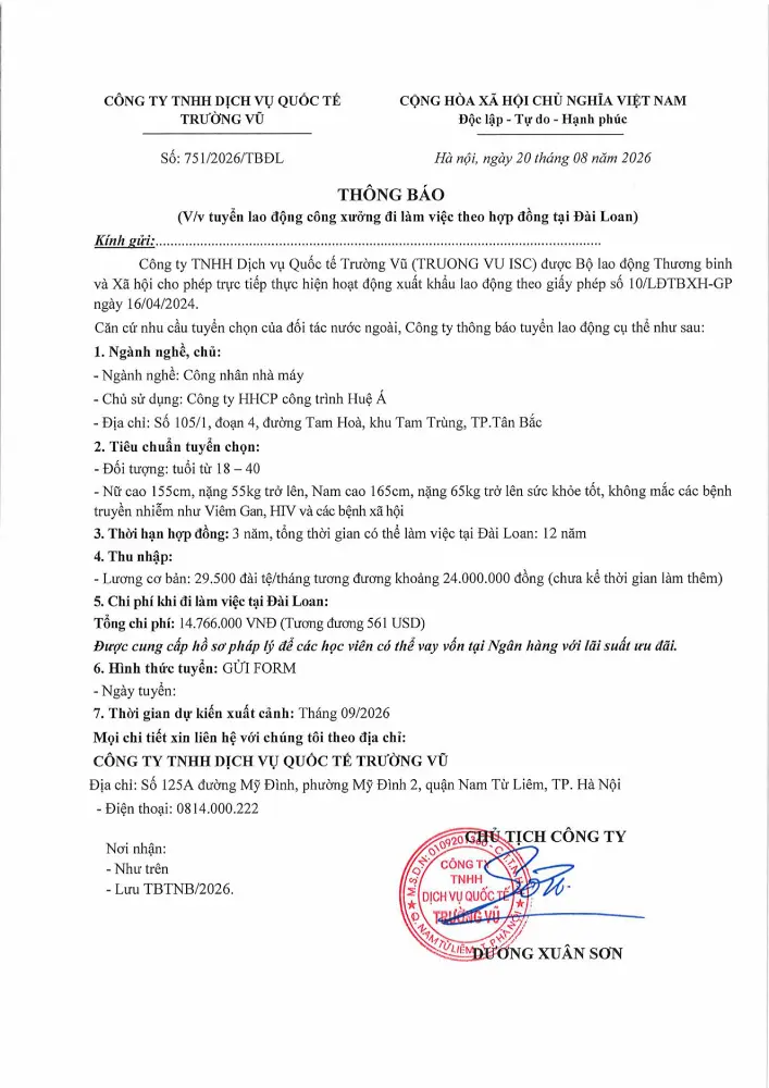 Thông báo tuyển lao động đi làm việc tại thị trường nước ngoài tháng 8 năm 2026