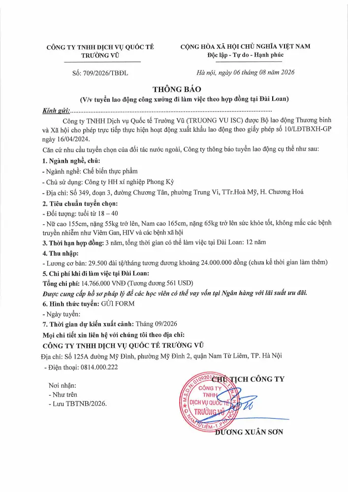 Thông báo tuyển lao động đi làm việc tại thị trường nước ngoài tháng 8 năm 2026
