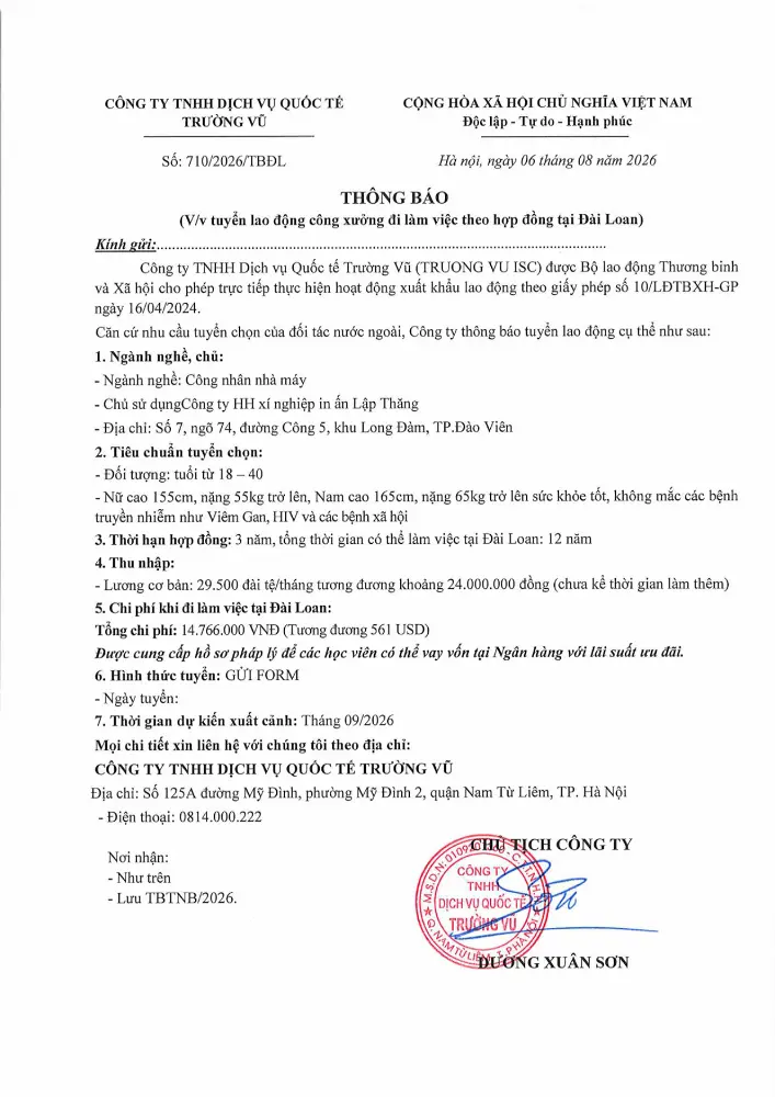 Thông báo tuyển lao động đi làm việc tại thị trường nước ngoài tháng 8 năm 2026