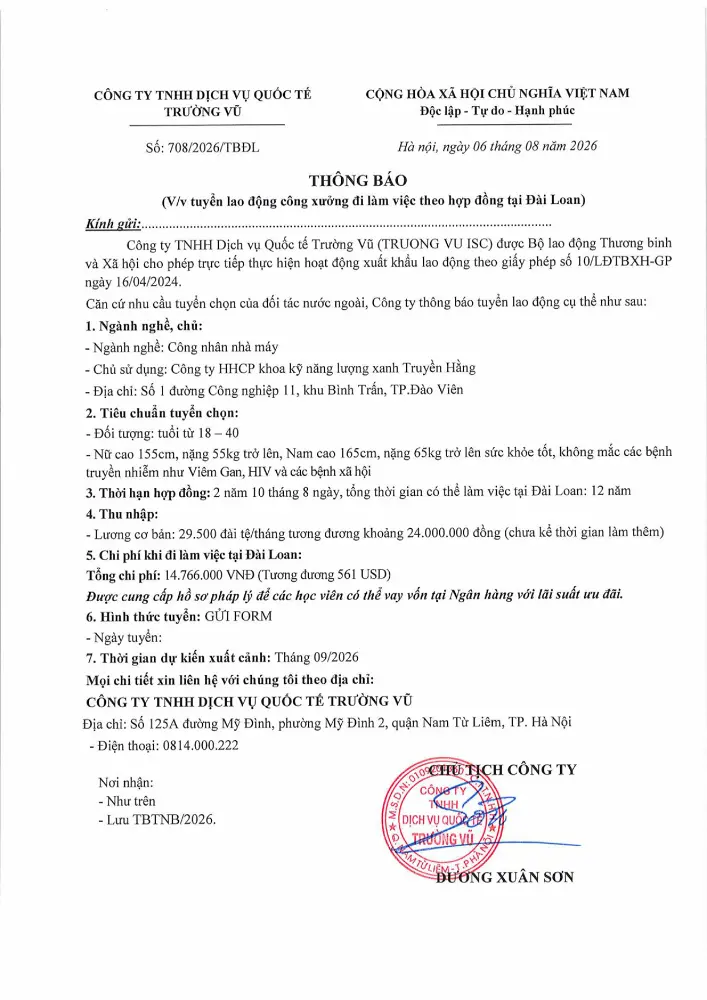 Thông báo tuyển lao động đi làm việc tại thị trường nước ngoài tháng 8 năm 2026