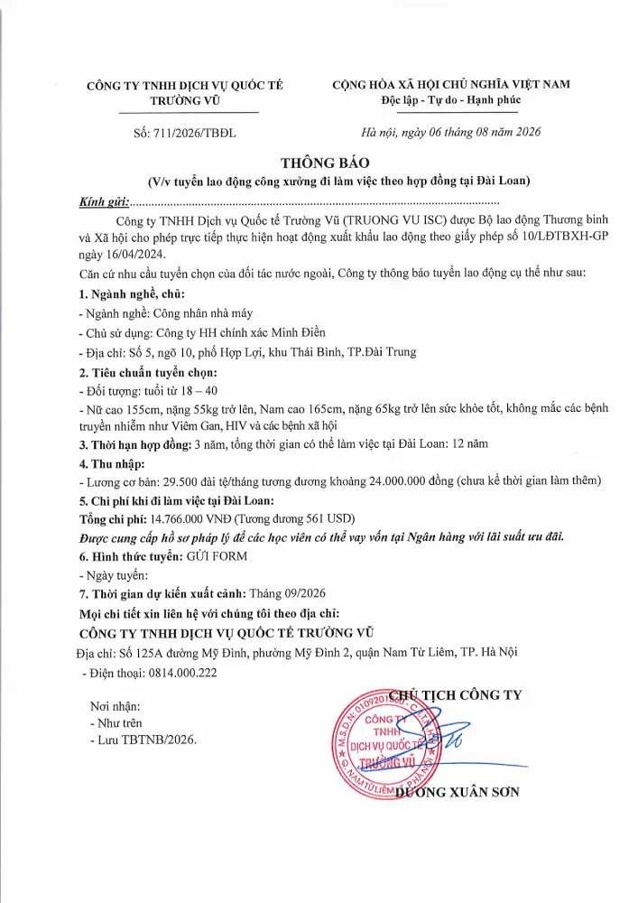 Thông báo tuyển lao động đi làm việc tại thị trường nước ngoài tháng 8 năm 2026