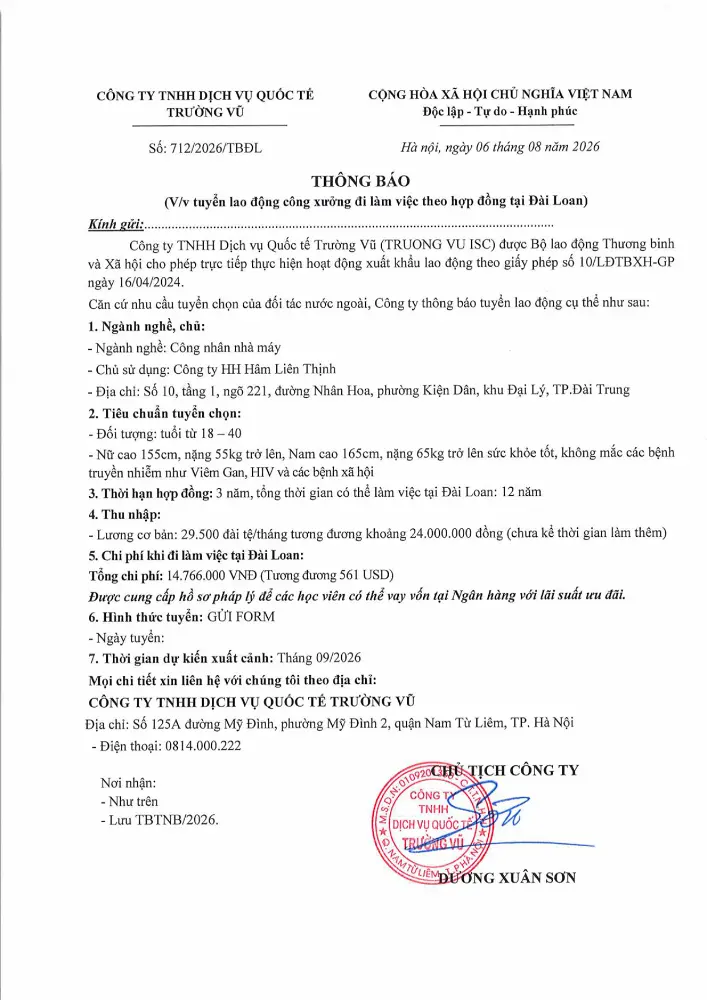 Thông báo tuyển lao động đi làm việc tại thị trường nước ngoài tháng 8 năm 2026