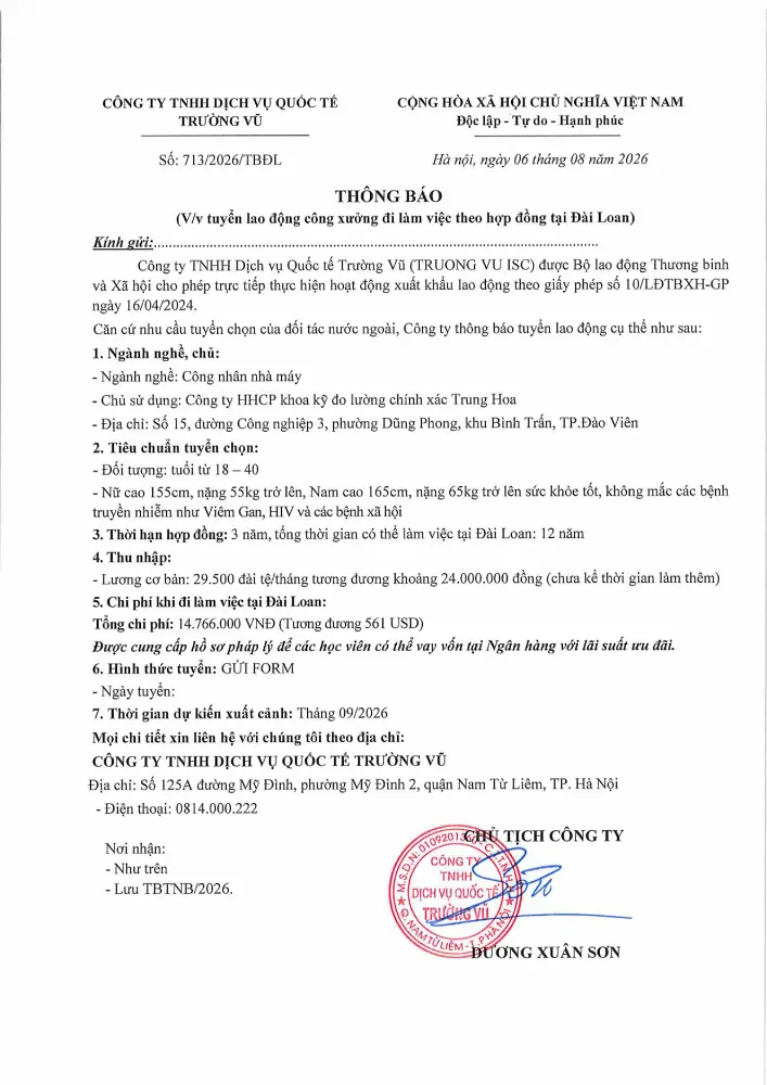 Thông báo tuyển lao động đi làm việc tại thị trường nước ngoài tháng 8 năm 2026