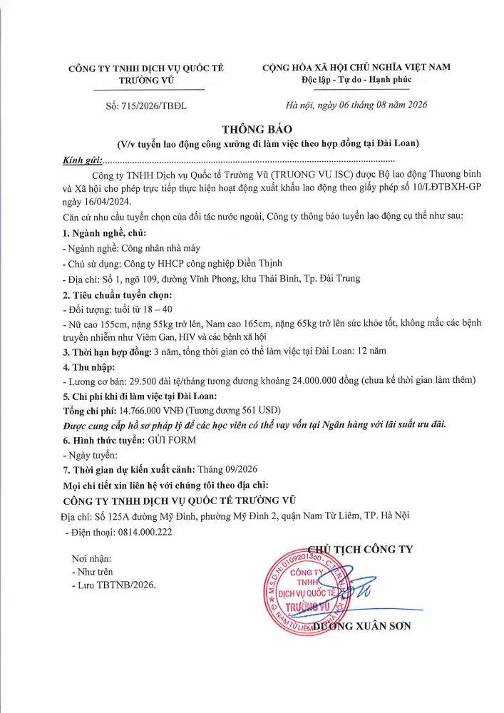Thông báo tuyển lao động đi làm việc tại thị trường nước ngoài tháng 8 năm 2026
