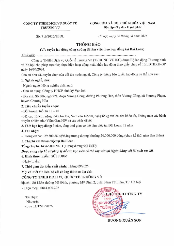 Thông báo tuyển lao động đi làm việc tại thị trường nước ngoài tháng 8 năm 2026