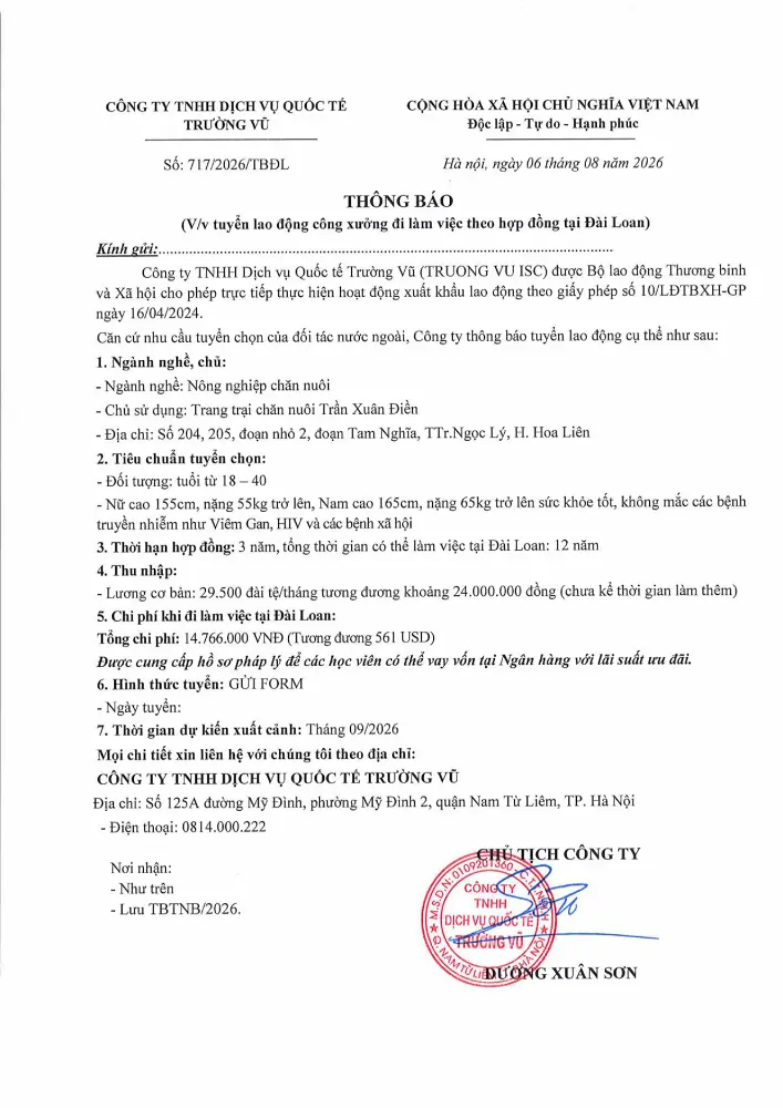 Thông báo tuyển lao động đi làm việc tại thị trường nước ngoài tháng 8 năm 2026