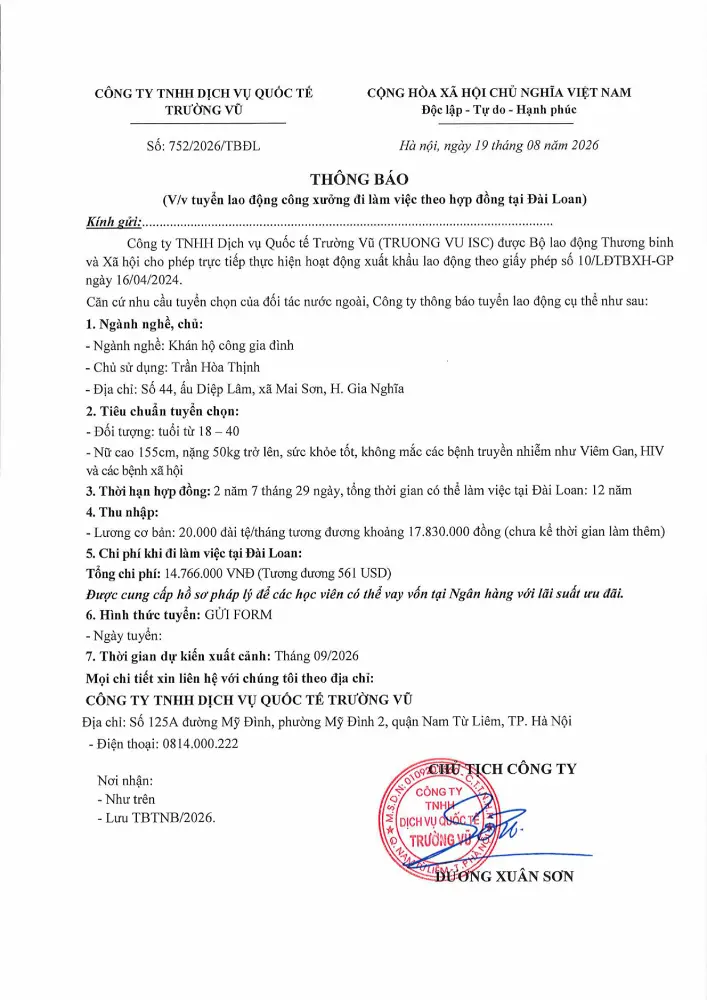 Thông báo tuyển lao động đi làm việc tại thị trường nước ngoài tháng 8 năm 2026