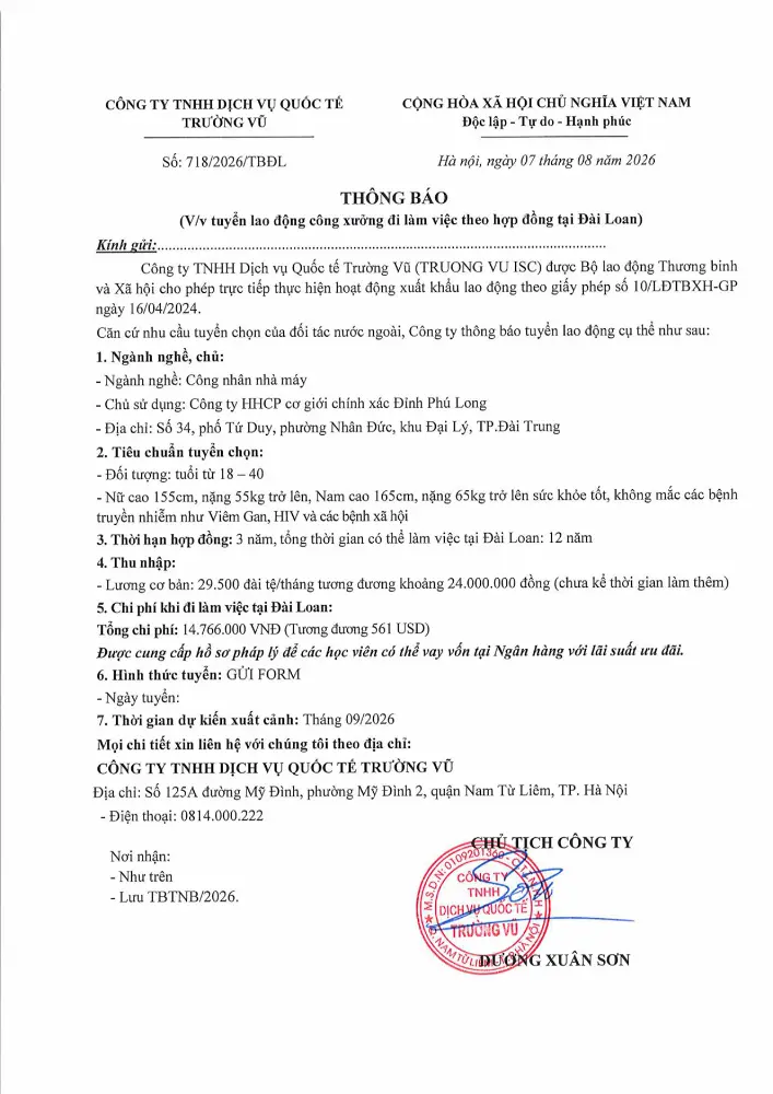 Thông báo tuyển lao động đi làm việc tại thị trường nước ngoài tháng 8 năm 2026