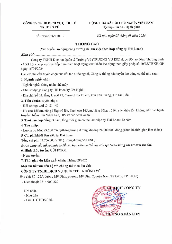 Thông báo tuyển lao động đi làm việc tại thị trường nước ngoài tháng 8 năm 2026