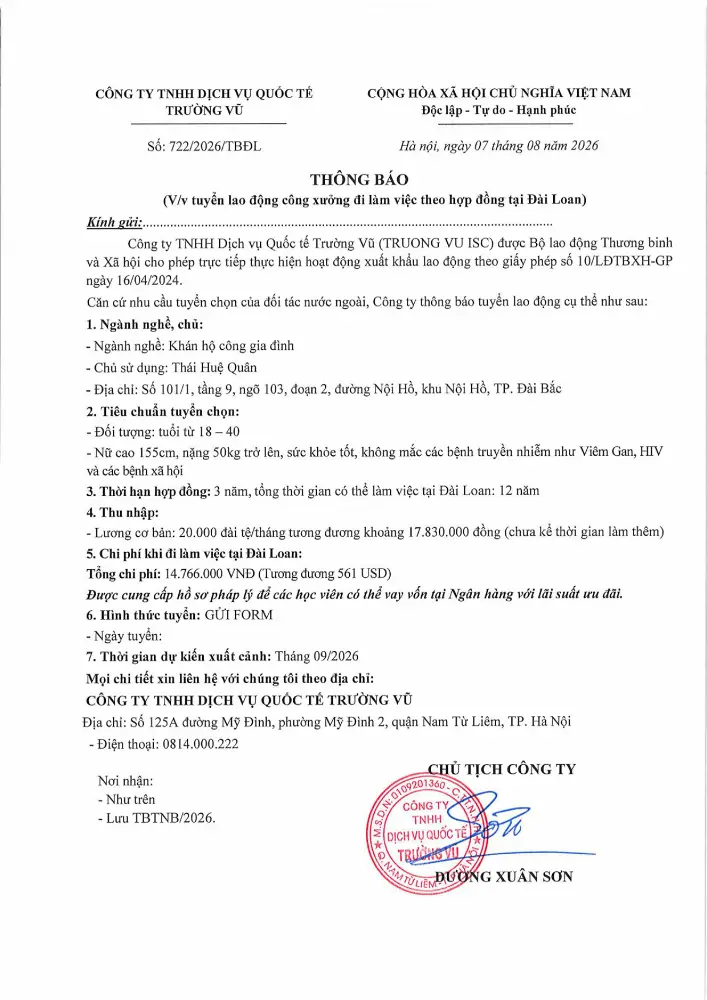 Thông báo tuyển lao động đi làm việc tại thị trường nước ngoài tháng 8 năm 2026