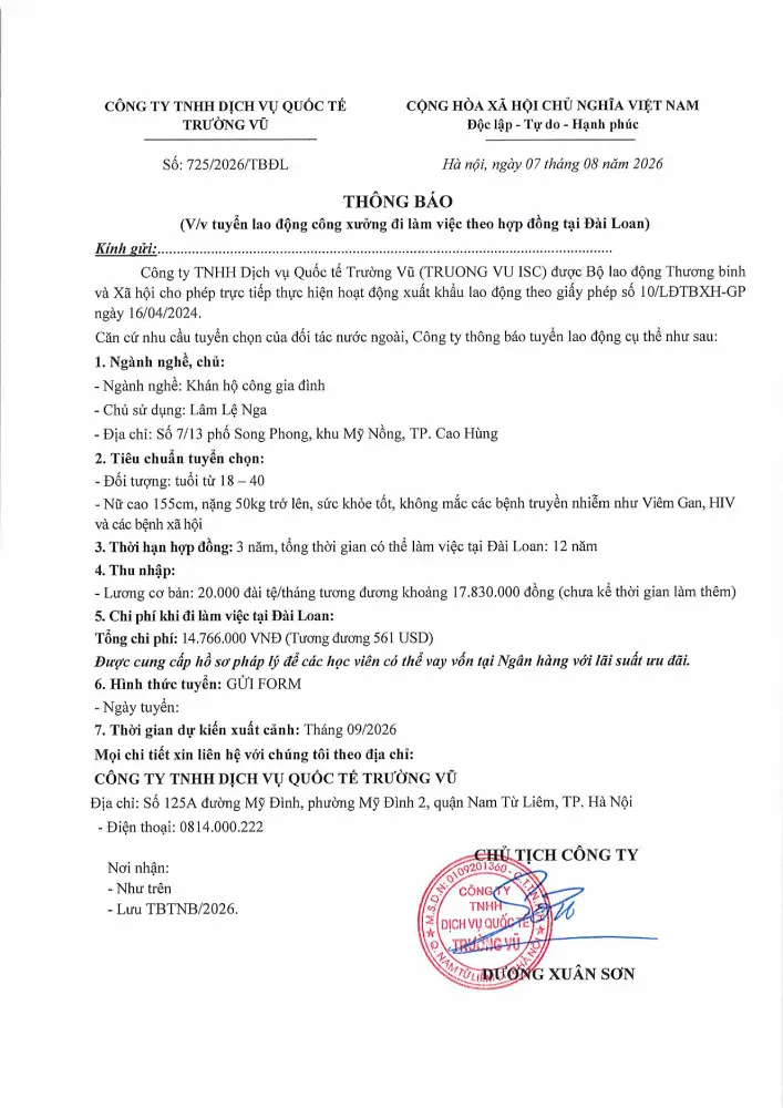 Thông báo tuyển lao động đi làm việc tại thị trường nước ngoài tháng 8 năm 2026
