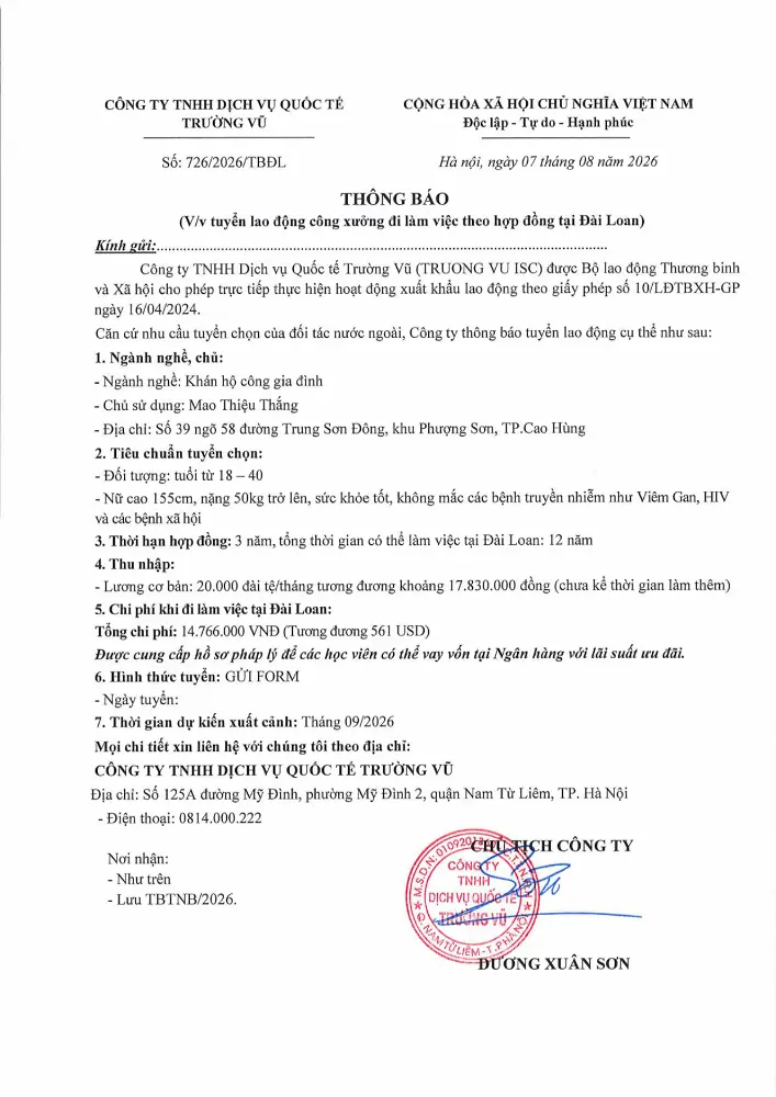 Thông báo tuyển lao động đi làm việc tại thị trường nước ngoài tháng 8 năm 2026