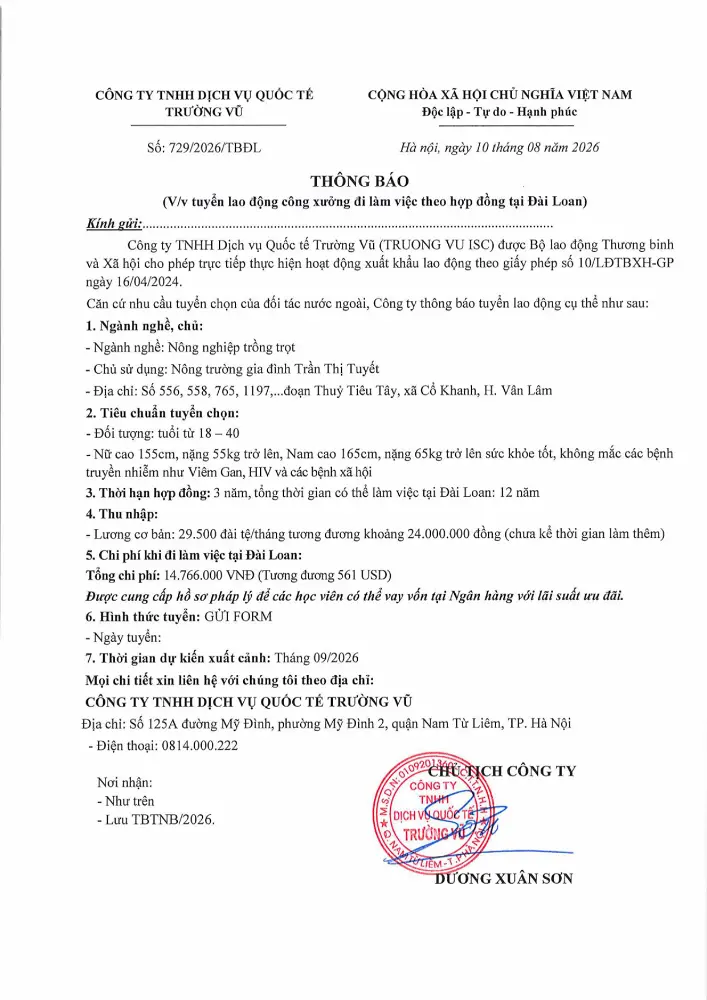 Thông báo tuyển lao động đi làm việc tại thị trường nước ngoài tháng 8 năm 2026