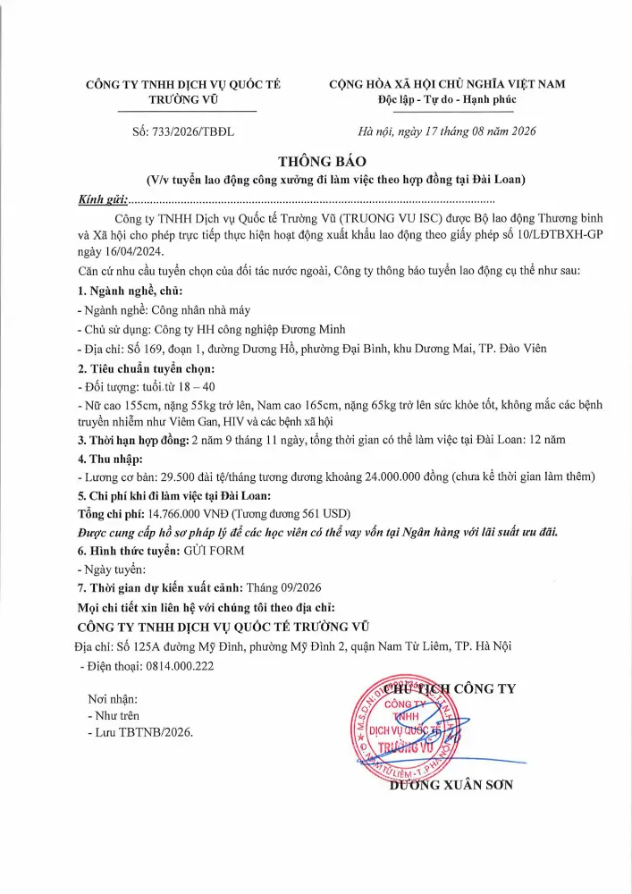 Thông báo tuyển lao động đi làm việc tại thị trường nước ngoài tháng 8 năm 2026
