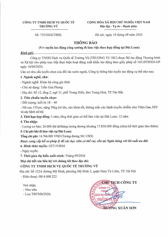 Thông báo tuyển lao động đi làm việc tại thị trường nước ngoài tháng 8 năm 2026