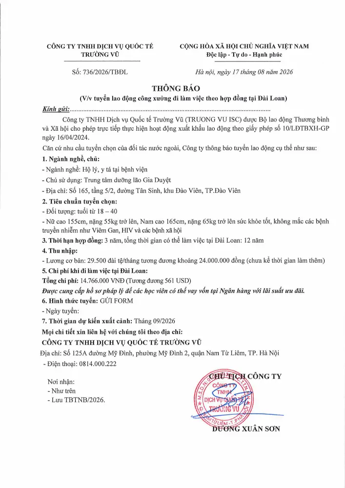 Thông báo tuyển lao động đi làm việc tại thị trường nước ngoài tháng 8 năm 2026