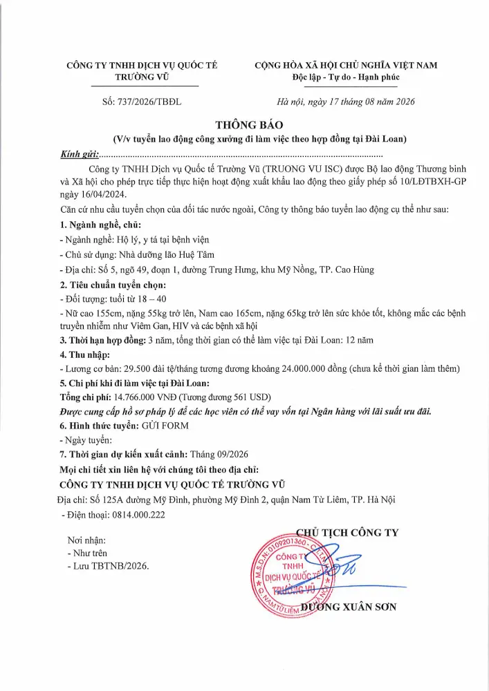Thông báo tuyển lao động đi làm việc tại thị trường nước ngoài tháng 8 năm 2026