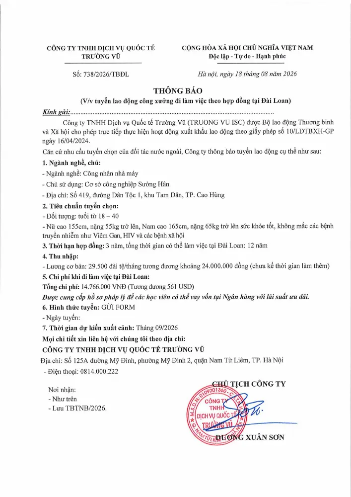 Thông báo tuyển lao động đi làm việc tại thị trường nước ngoài tháng 8 năm 2026