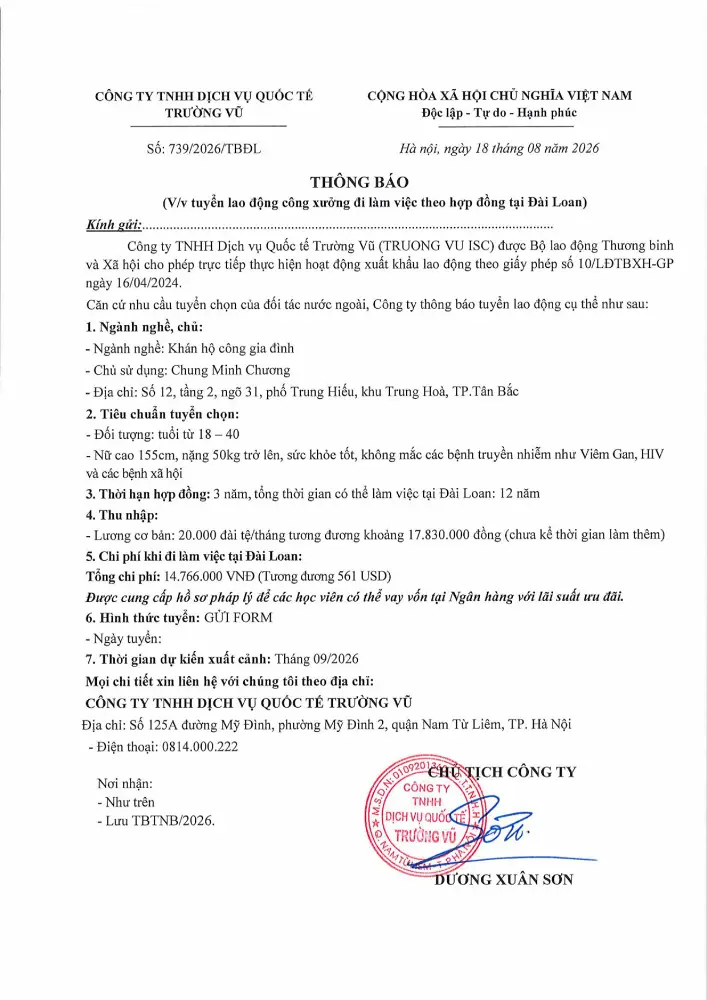 Thông báo tuyển lao động đi làm việc tại thị trường nước ngoài tháng 8 năm 2026
