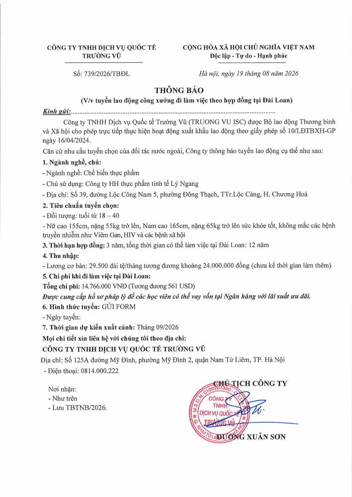 Thông báo tuyển lao động đi làm việc tại thị trường nước ngoài tháng 8 năm 2026