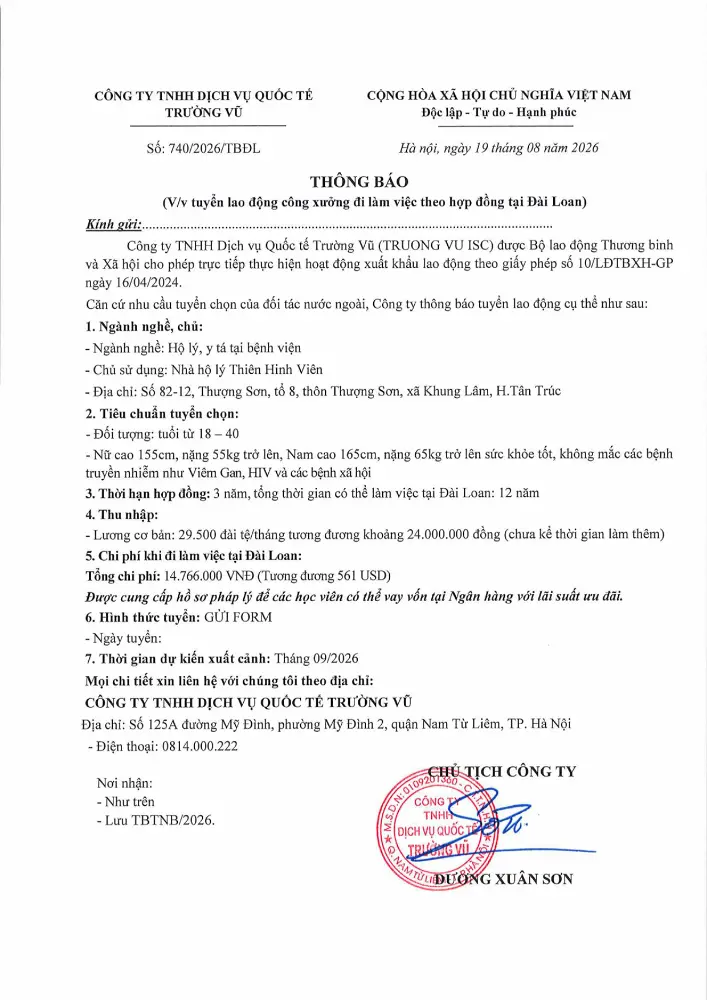 Thông báo tuyển lao động đi làm việc tại thị trường nước ngoài tháng 8 năm 2026
