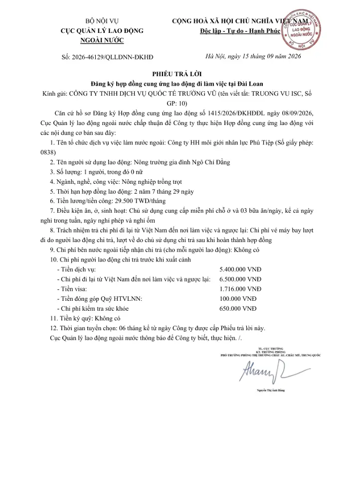 Phiếu trả lời đăng kí hợp đồng cung ứng lao động đi làm việc tại nước ngoài tháng 9 năm 2026
