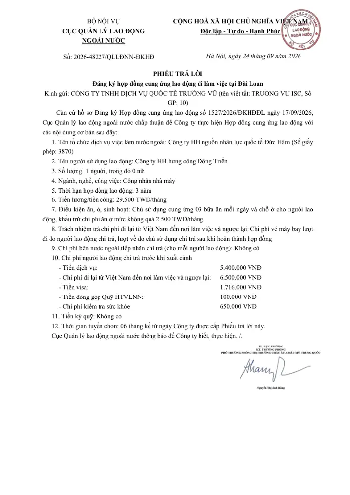 Phiếu trả lời đăng kí hợp đồng cung ứng lao động đi làm việc tại nước ngoài tháng 9 năm 2026