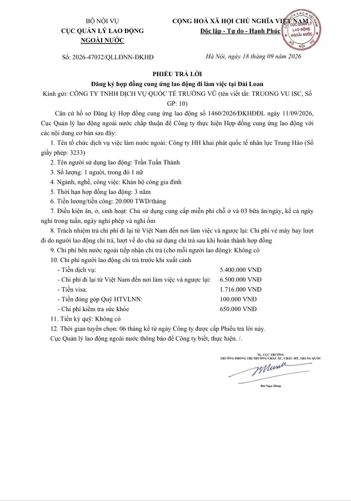Phiếu trả lời đăng kí hợp đồng cung ứng lao động đi làm việc tại nước ngoài tháng 9 năm 2026