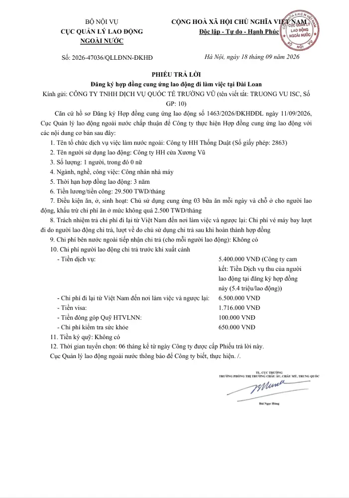 Phiếu trả lời đăng kí hợp đồng cung ứng lao động đi làm việc tại nước ngoài tháng 9 năm 2026
