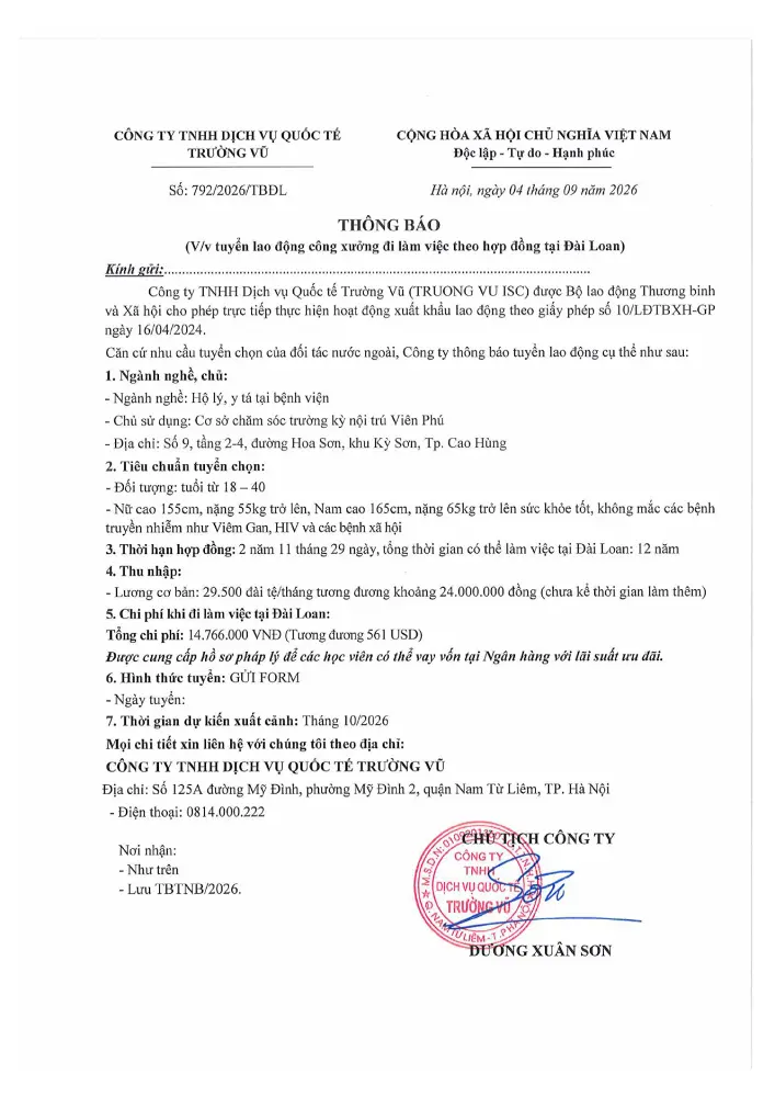 Thông báo tuyển lao động đi làm việc tại thị trường nước ngoài tháng 9 năm 2026