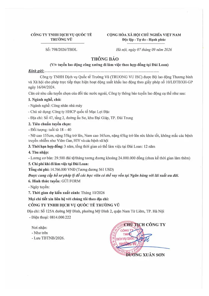 Thông báo tuyển lao động đi làm việc tại thị trường nước ngoài tháng 9 năm 2026
