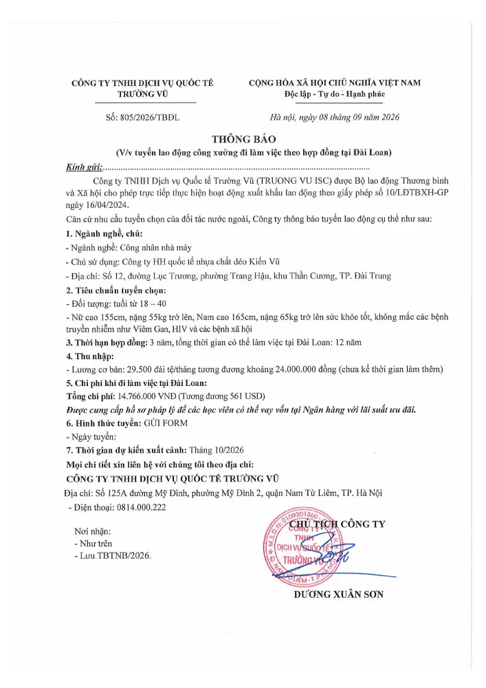 Thông báo tuyển lao động đi làm việc tại thị trường nước ngoài tháng 9 năm 2026