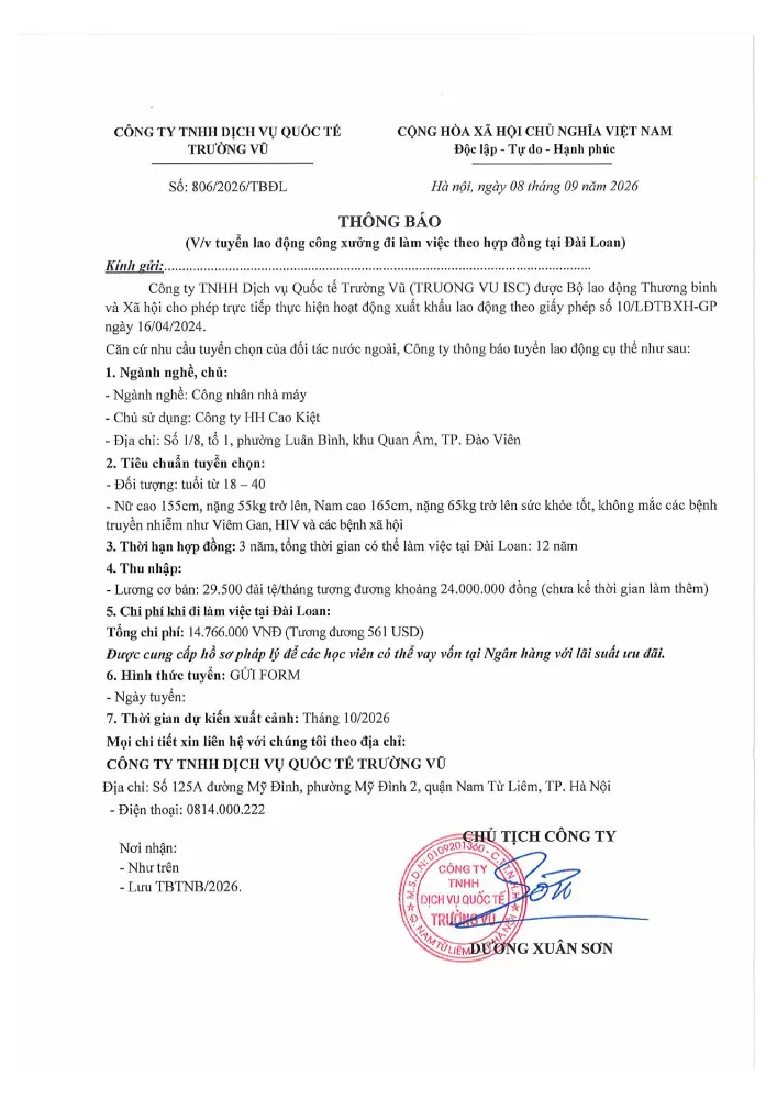 Thông báo tuyển lao động đi làm việc tại thị trường nước ngoài tháng 9 năm 2026