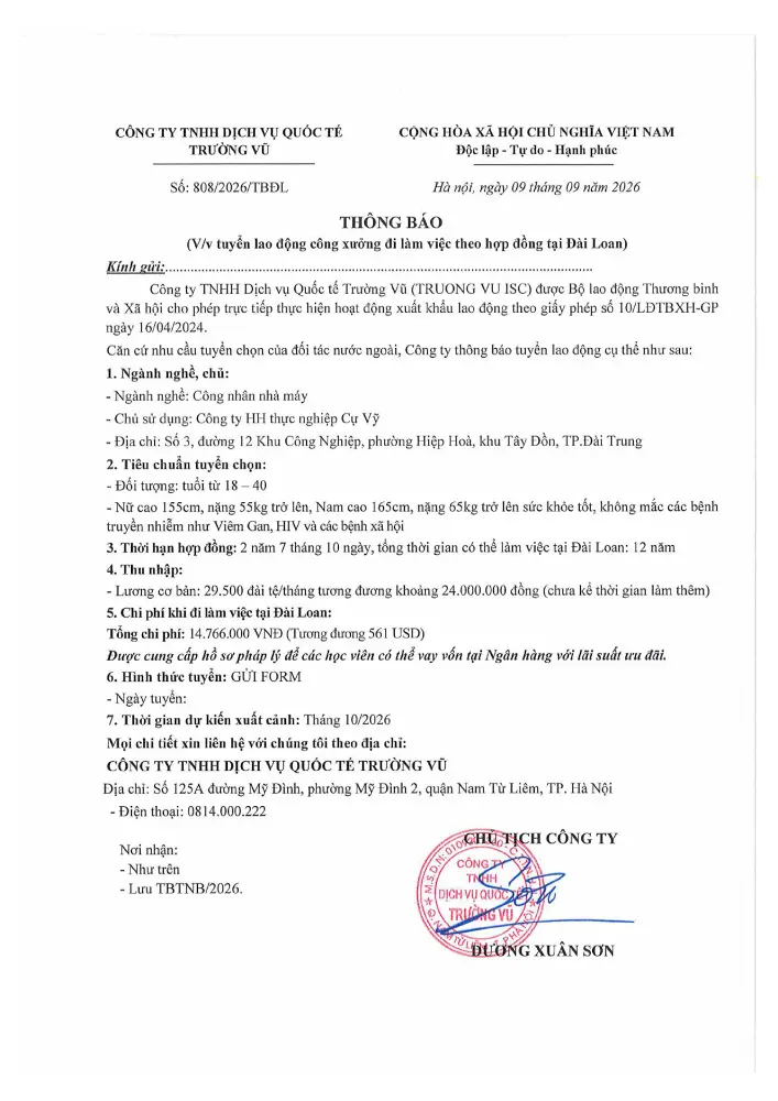 Thông báo tuyển lao động đi làm việc tại thị trường nước ngoài tháng 9 năm 2026