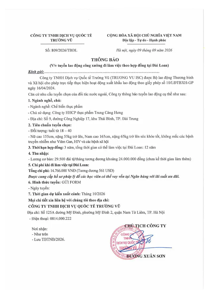 Thông báo tuyển lao động đi làm việc tại thị trường nước ngoài tháng 9 năm 2026